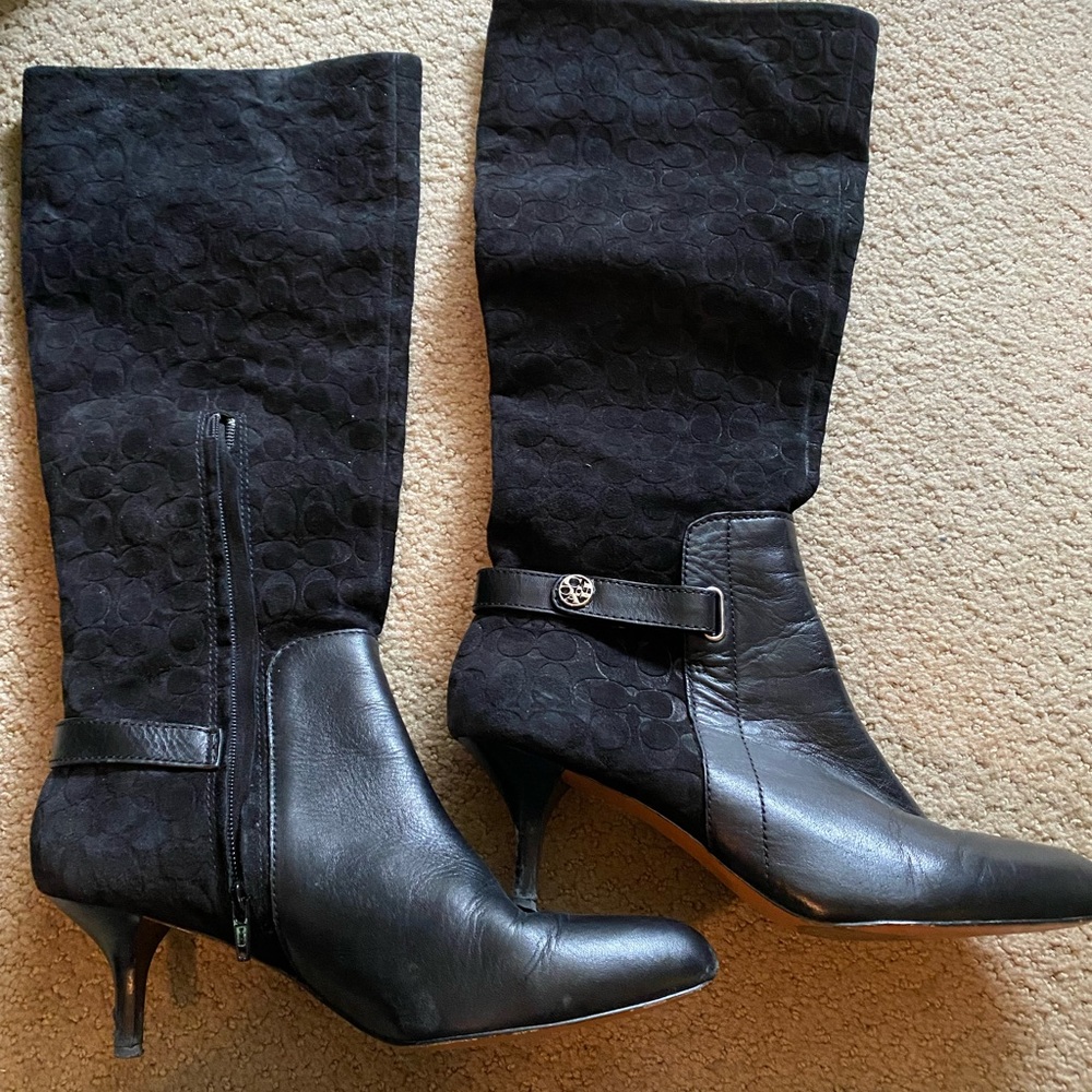Coach high heeled boots, leather and suede, size 9. Black with signature C’s.